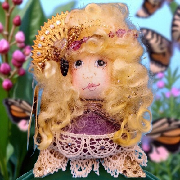 Victorian Angel Ornament Purple Velvet Lace Guardian Angel Artist Sandie Nowell - Picture 1 of 10